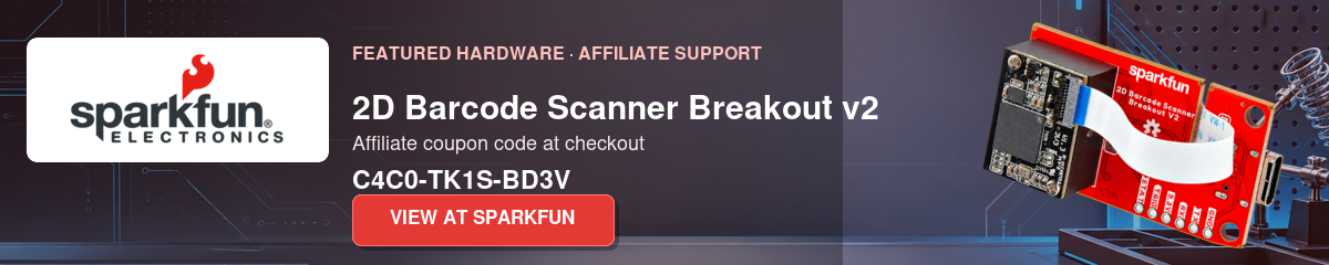 SparkFun 2D Barcode Scanner Breakout v2 affiliate banner with coupon code C4C0-TK1S-BD3V