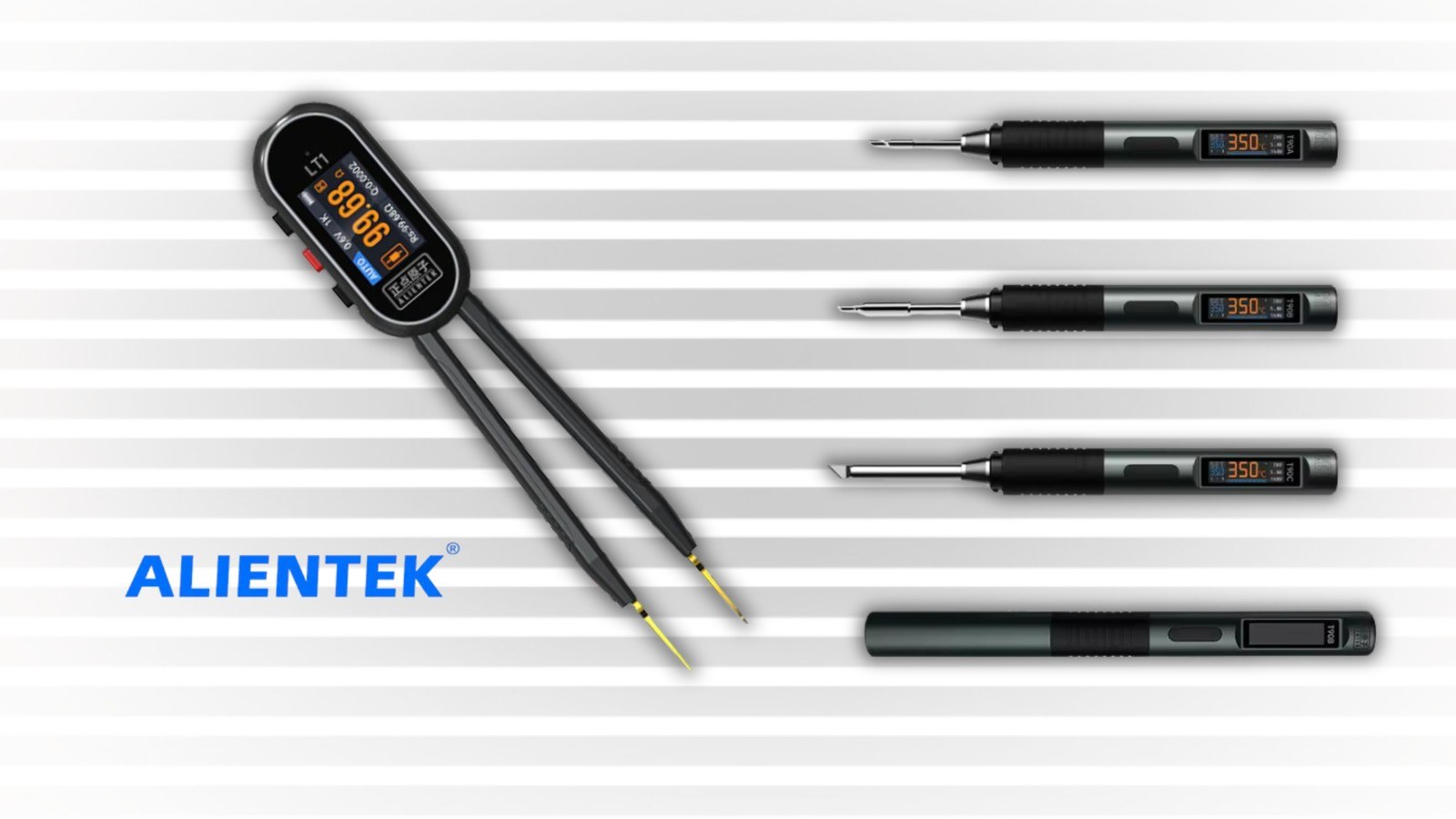 ALIENTEK T90 soldering pen and tweezers shown with several tip cartridges