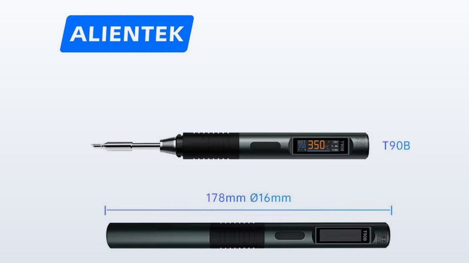 ALIENTEK T90B soldering iron with its 178 mm by 16 mm dimensions marked