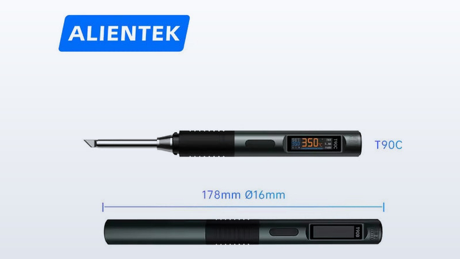ALIENTEK T90C soldering iron with its 178 mm by 16 mm dimensions marked