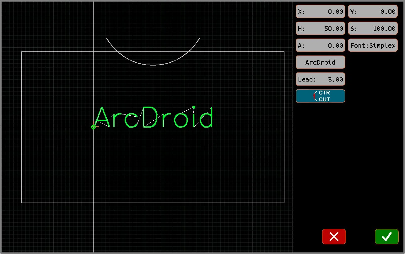 On-screen text entry showing the word ArcDroid in a stencil style on the controller