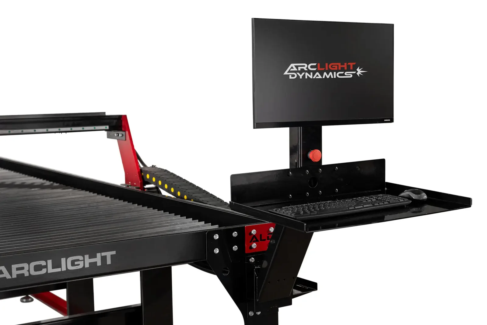 Arclight's pedestal with a monitor and keyboard shelf beside the table