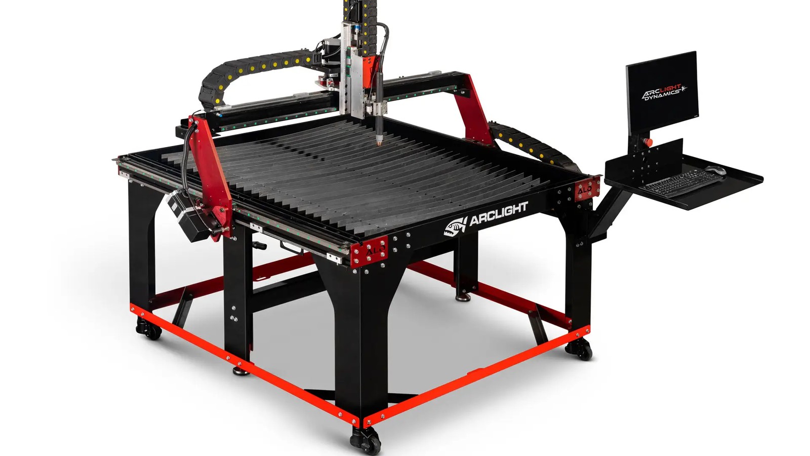 Arclight Arc Pro Ultra V3 4x4 CNC plasma table with black slat bed, red gantry risers, casters, and a monitor on a side pedestal