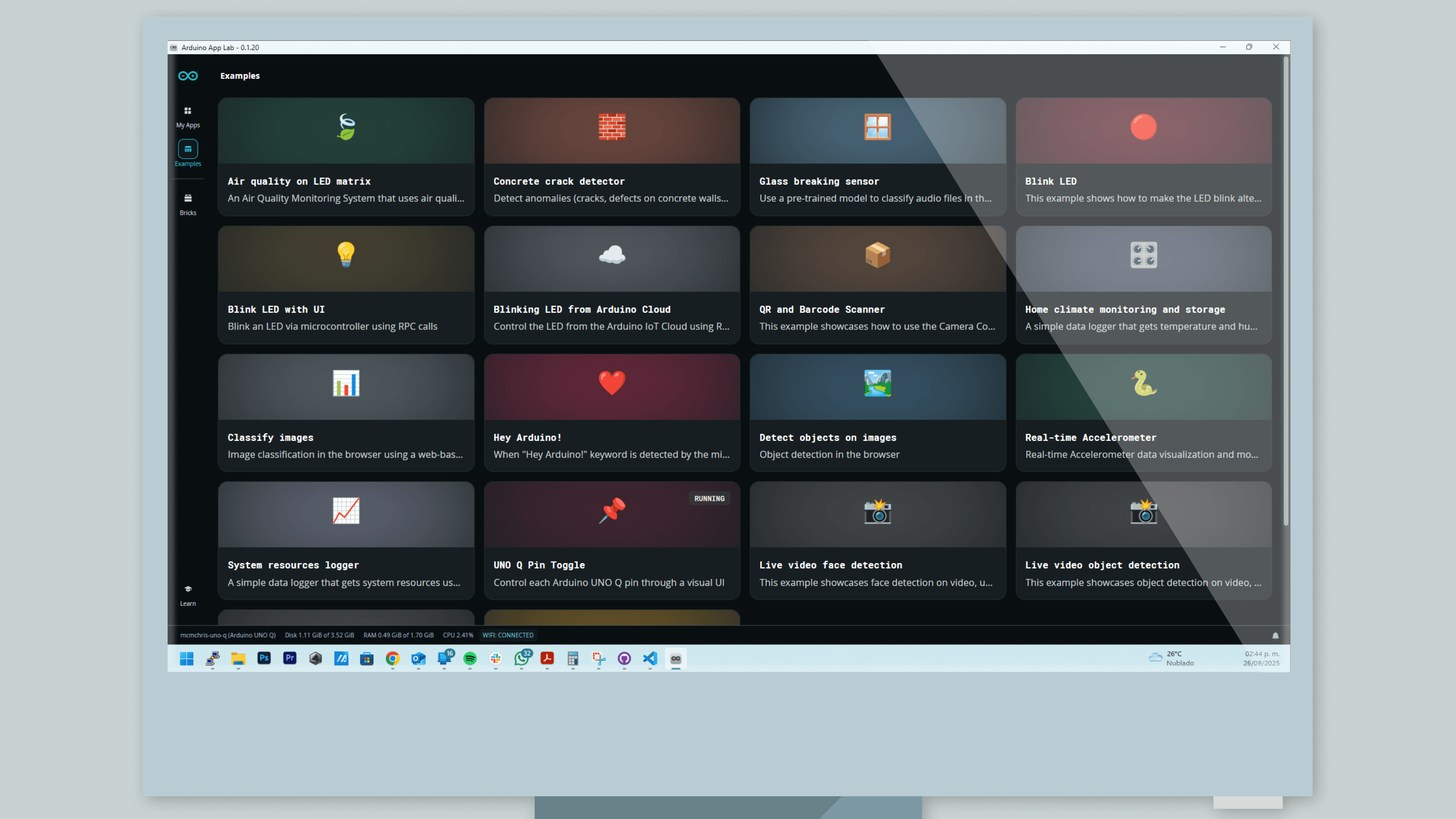 Arduino App Lab window showing the example application browser