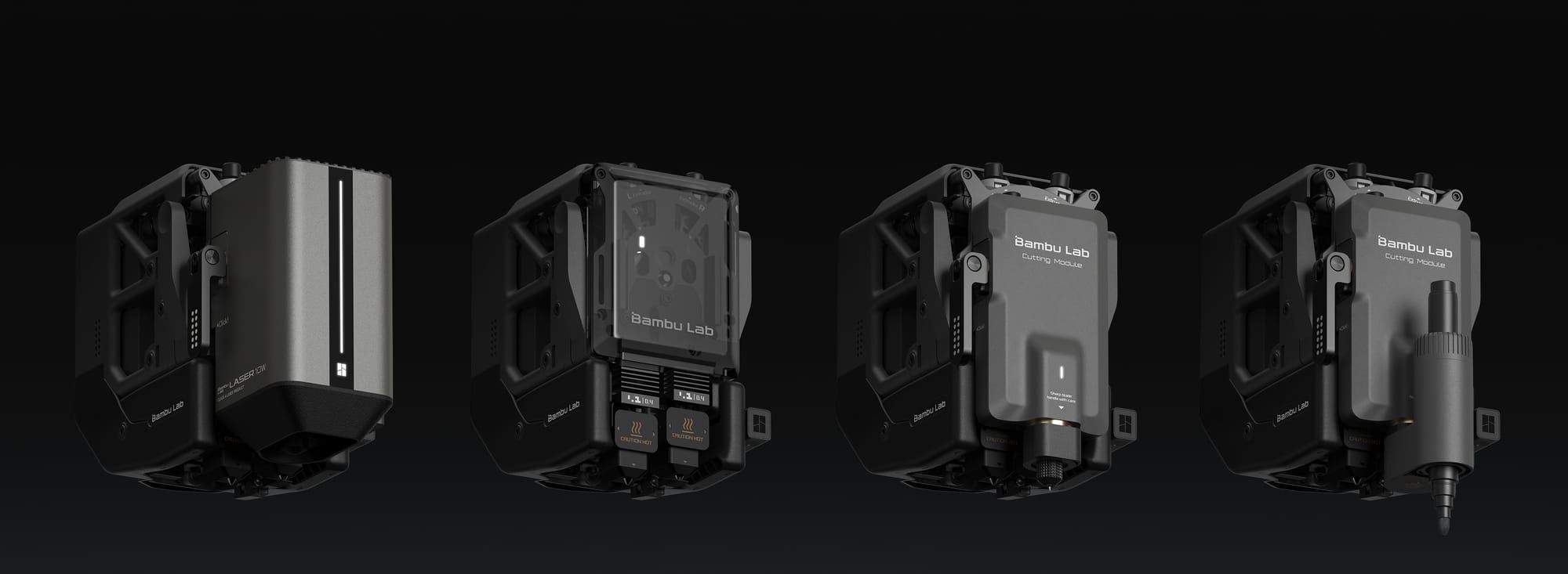 The interchangeable H2D laser, printing, cutting, and pen toolheads shown in Bambu Lab's launch materials