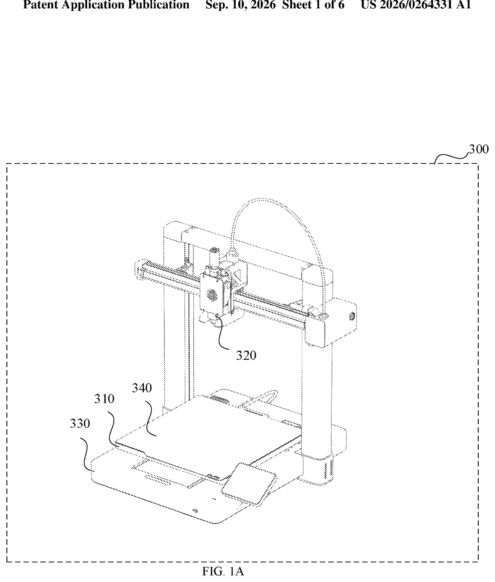 Patent drawing sheet showing the printer and heated bed from US 2026/0264331 A1