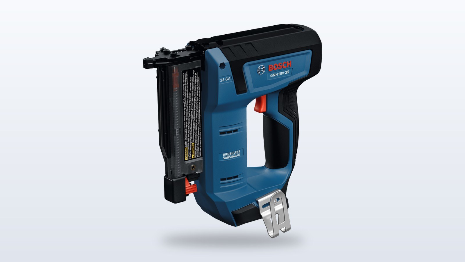 Bosch 18V cordless 23-gauge pin nailer resting against a piece of trim