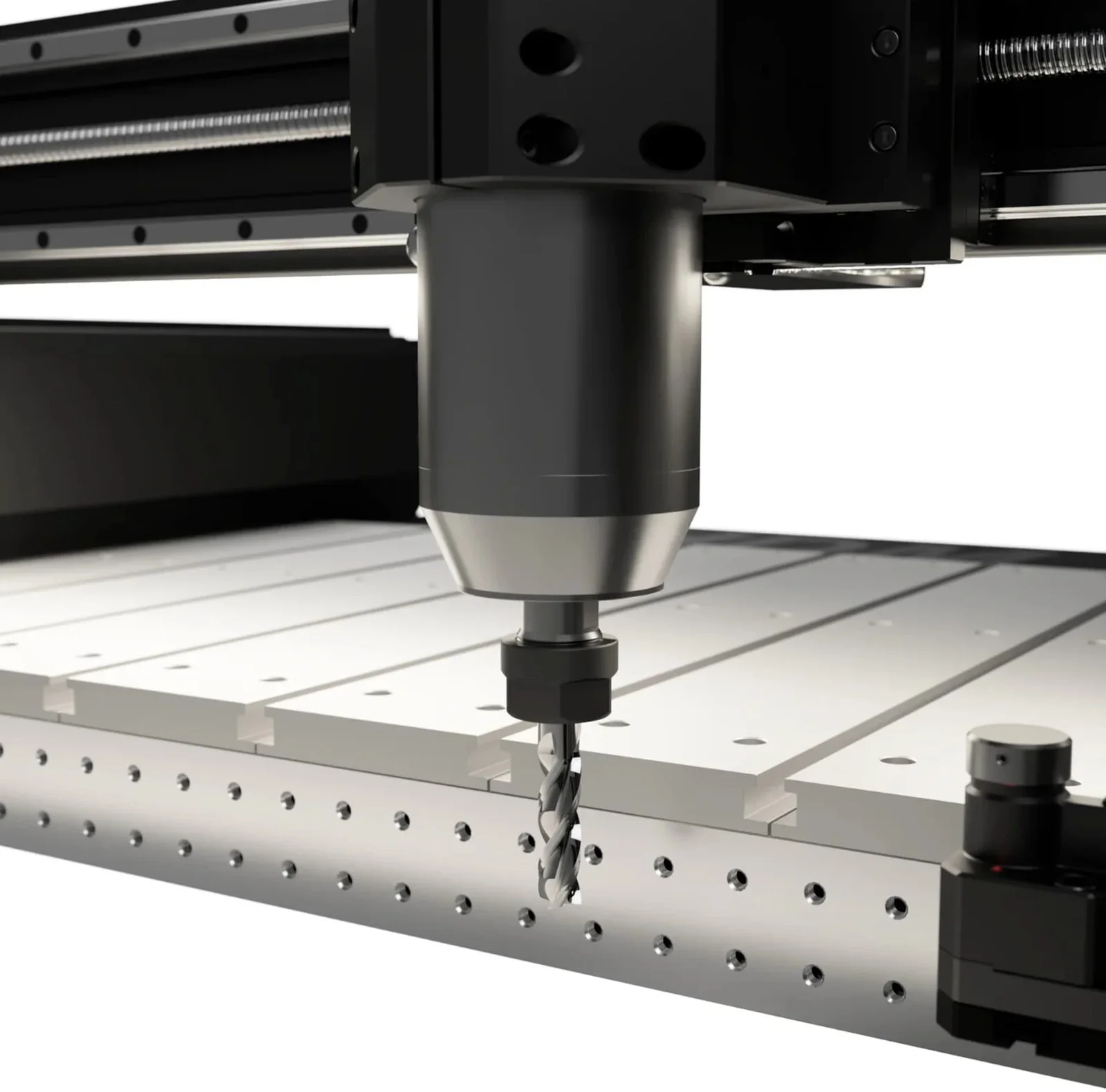 Close-up of the HDM V3 spindle and cutter above the perforated aluminum table