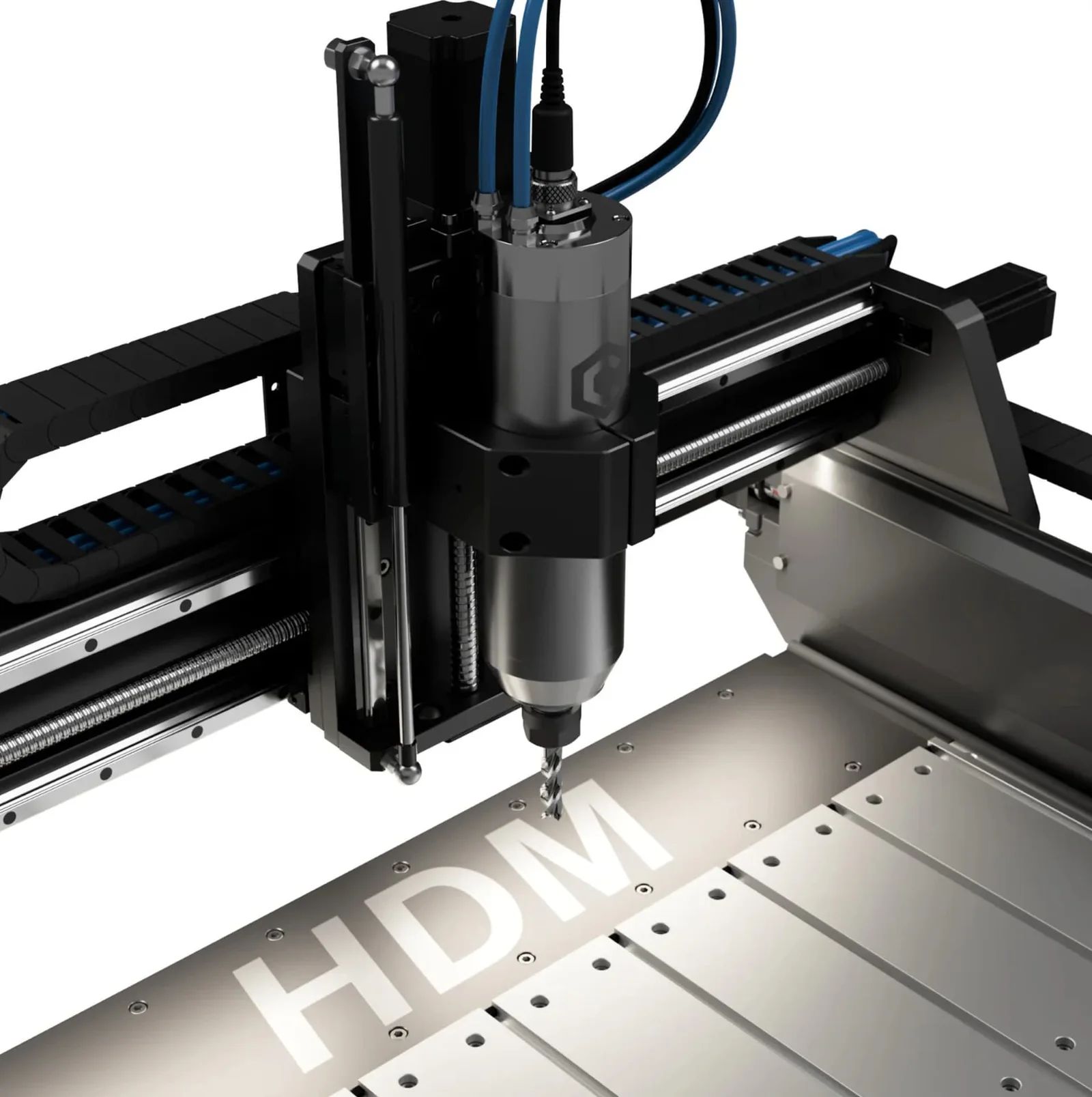 Another angle on the HDM V3's spindle and gantry, with the table surface in the foreground