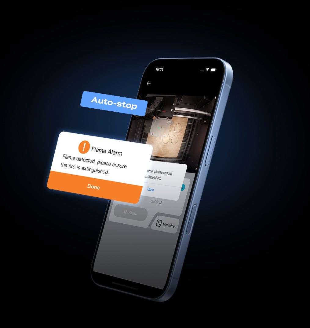 Falcon Design Space flame alert and automatic-stop notification shown on a phone