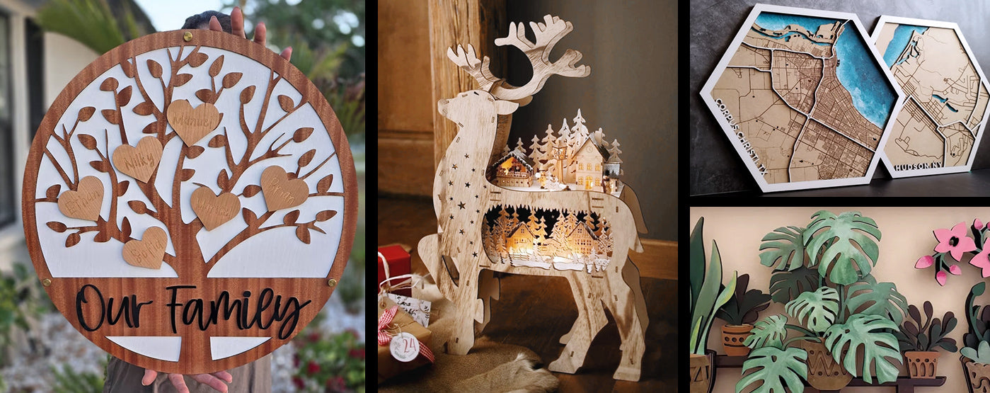 Examples of layered wood projects presented for the Creality Falcon A1 Pro