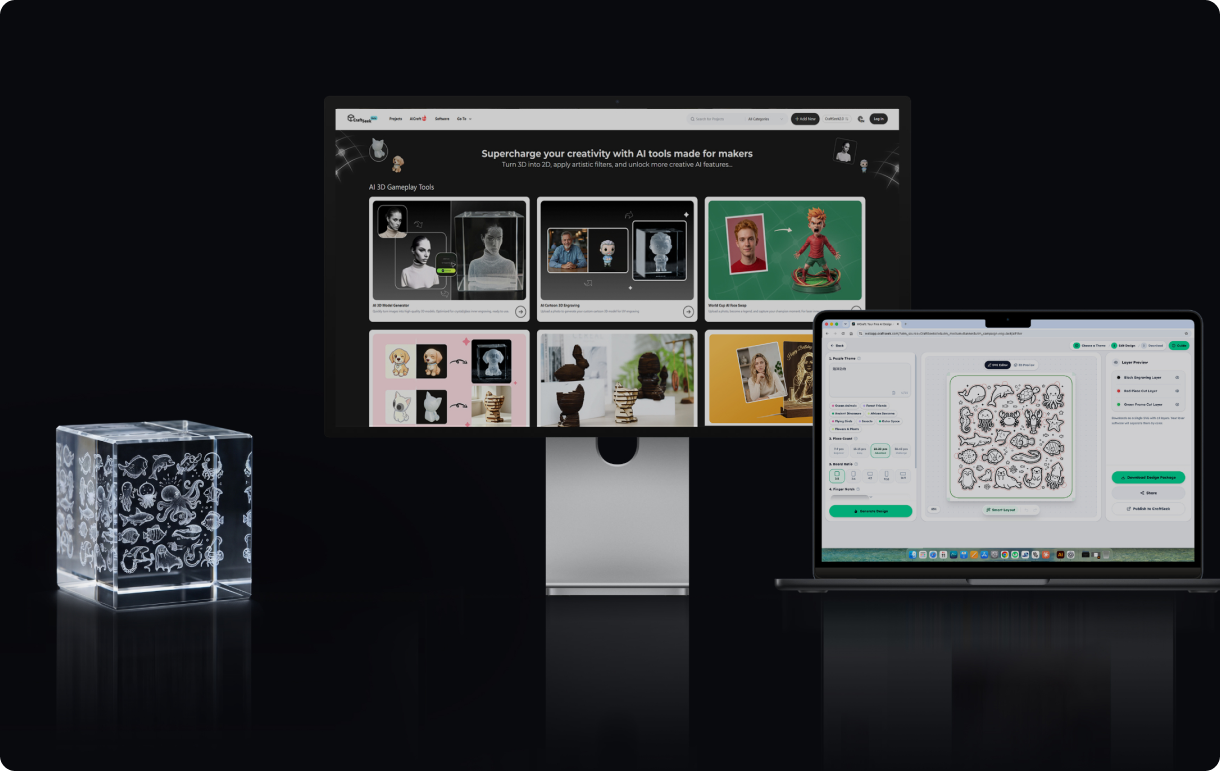 Creality Falcon T1 software workflow shown with a completed internal-crystal engraving