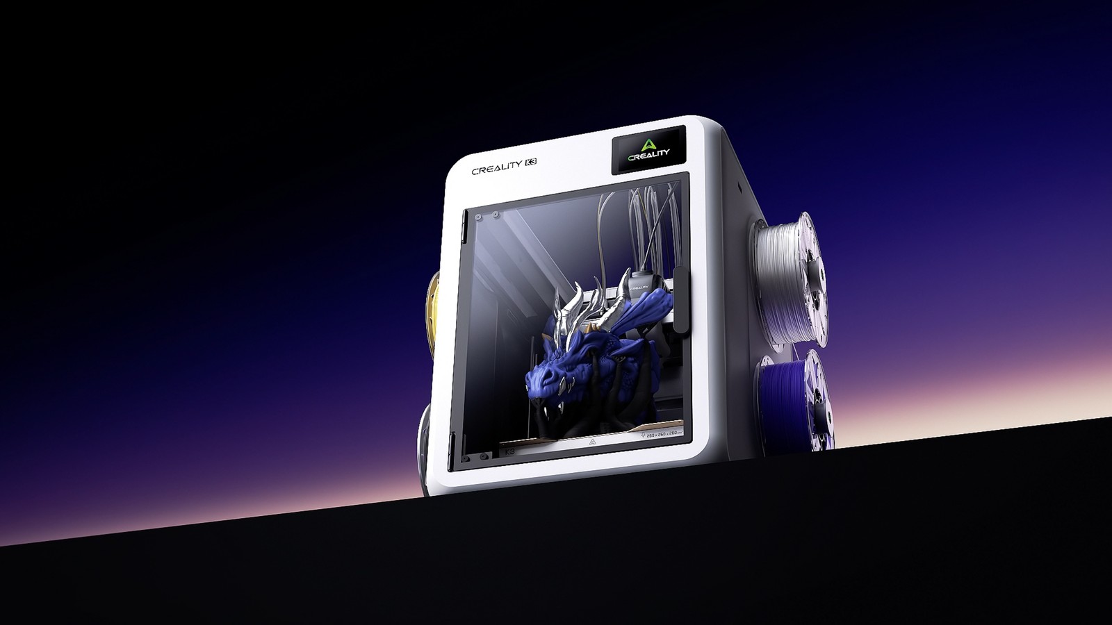 Creality K3 printer shown on a gradient background