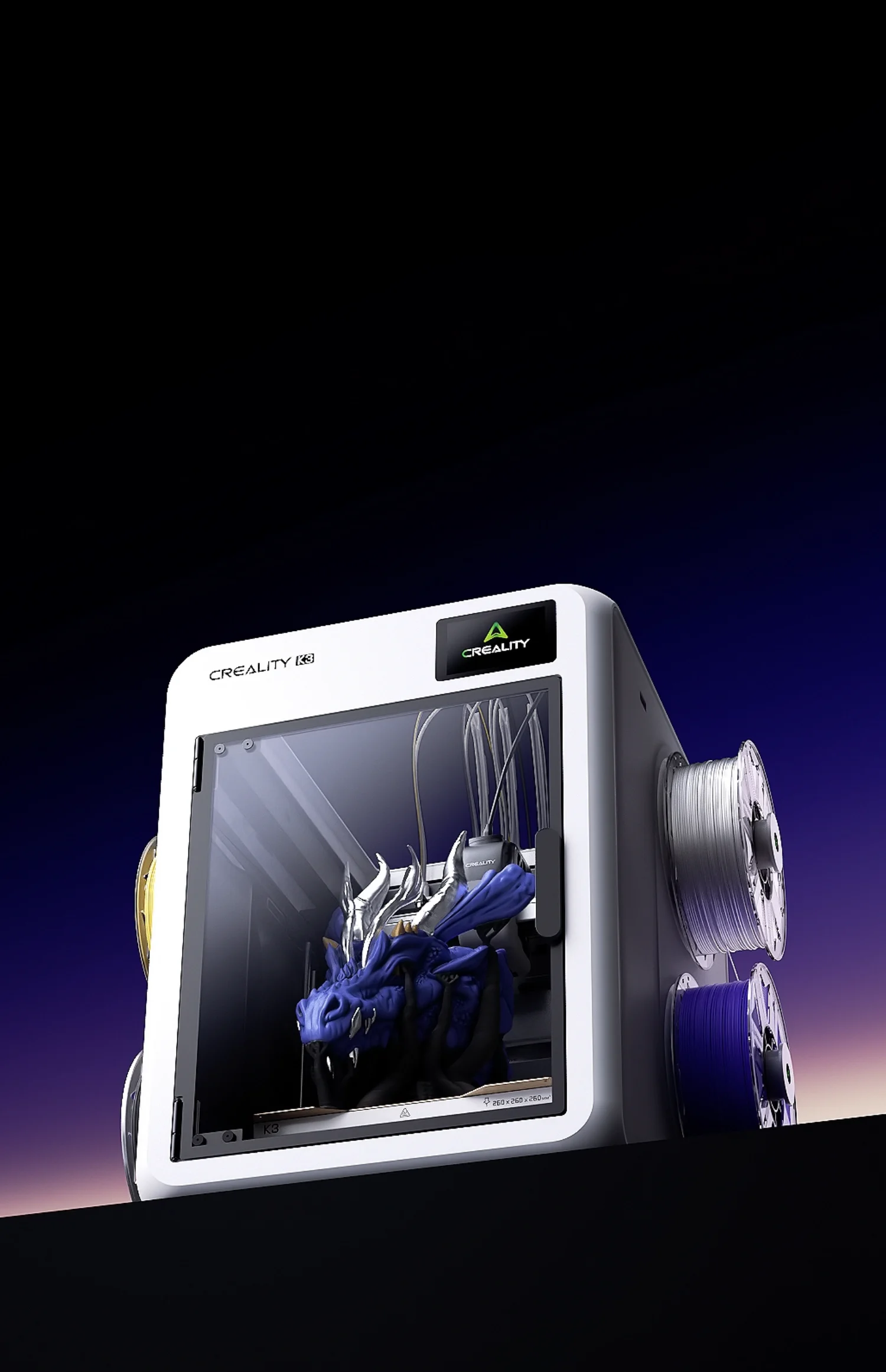 Creality K3 printer shown against a gradient background