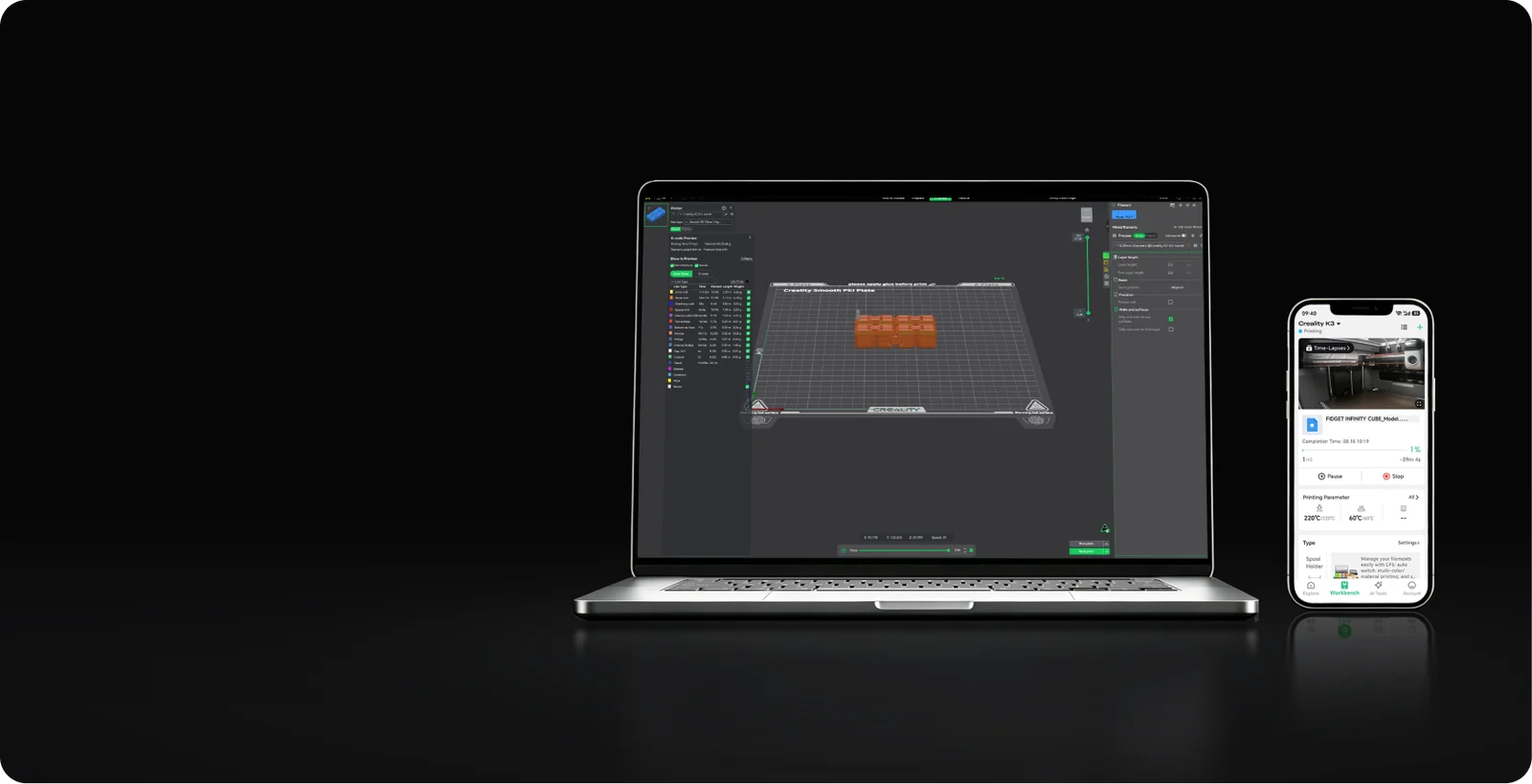 Creality Print software shown on a laptop and phone
