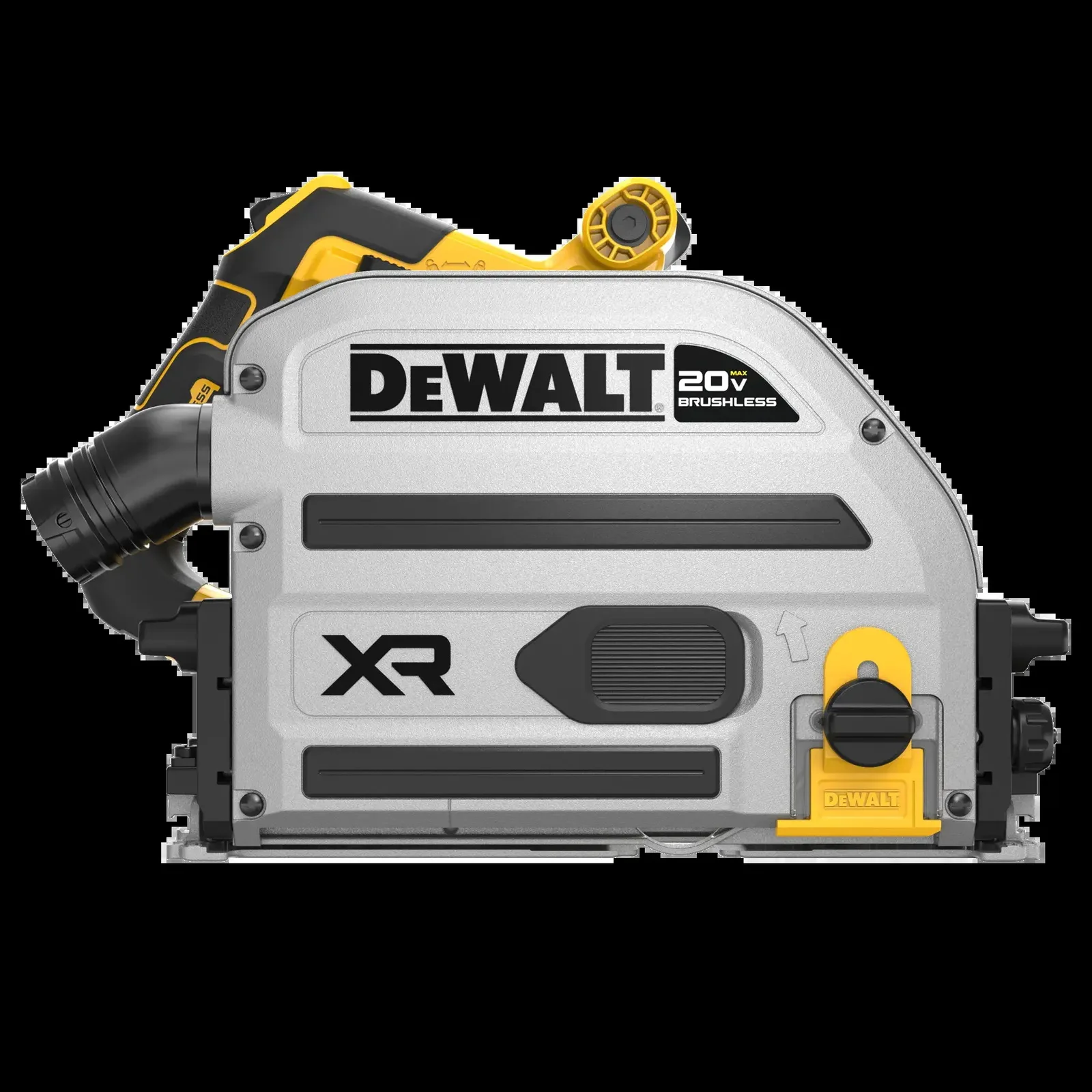 Side view of the DeWalt DCS525 track saw with its dust port on the left