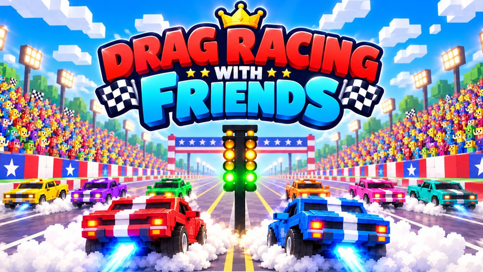 Drag Racing With Friends voxel cars staging under the starting tree