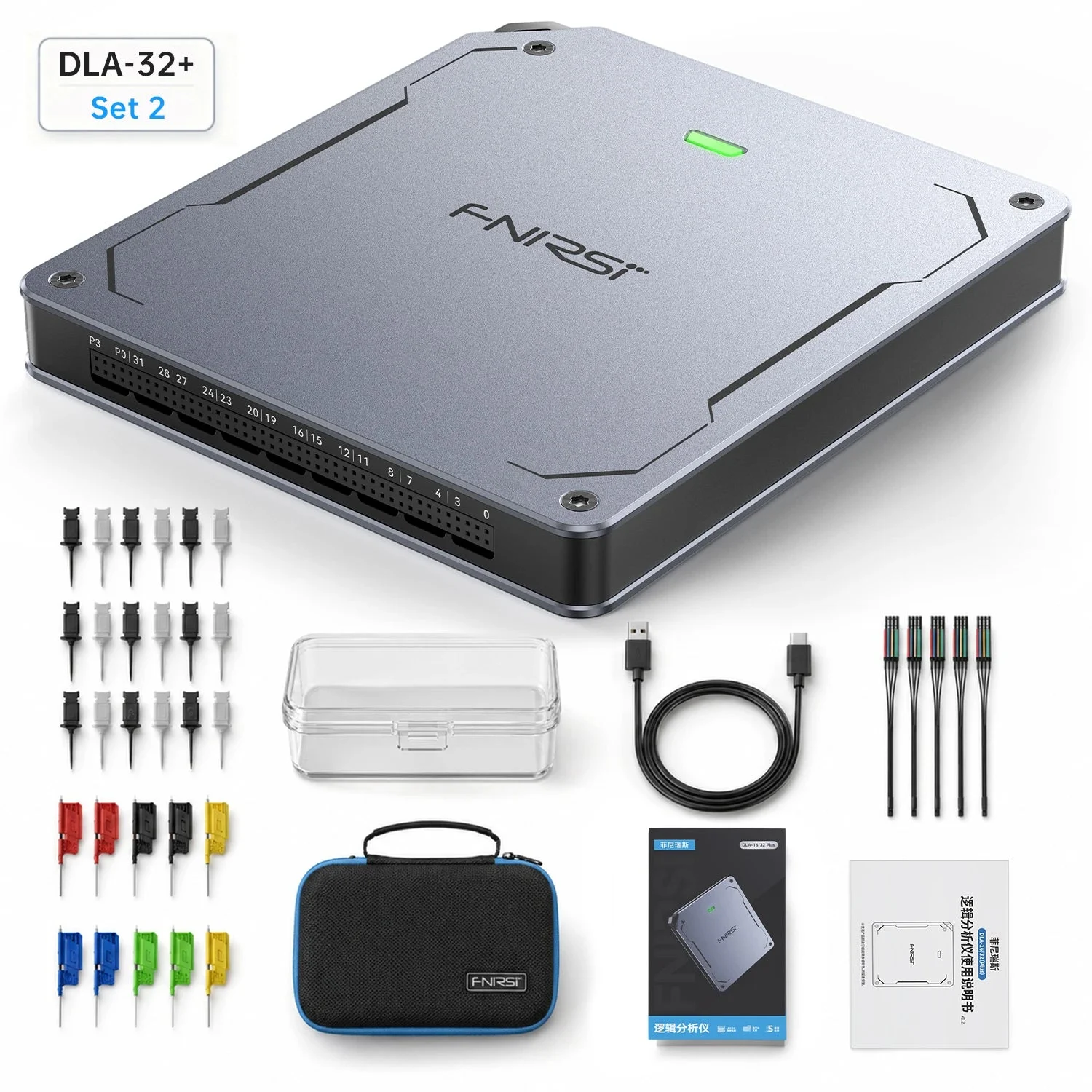 FNIRSI DLA-32 Plus logic analyzer with probes and accessories