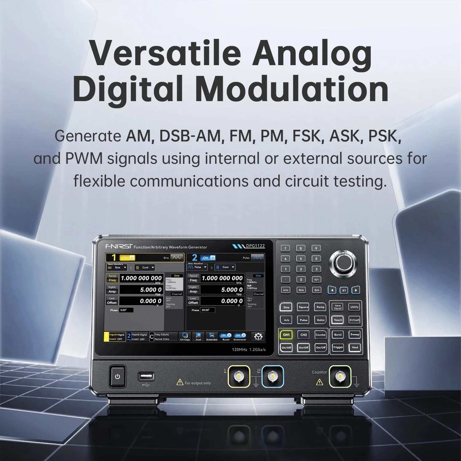 FNIRSI DPG1122 signal generation and modulation screens
