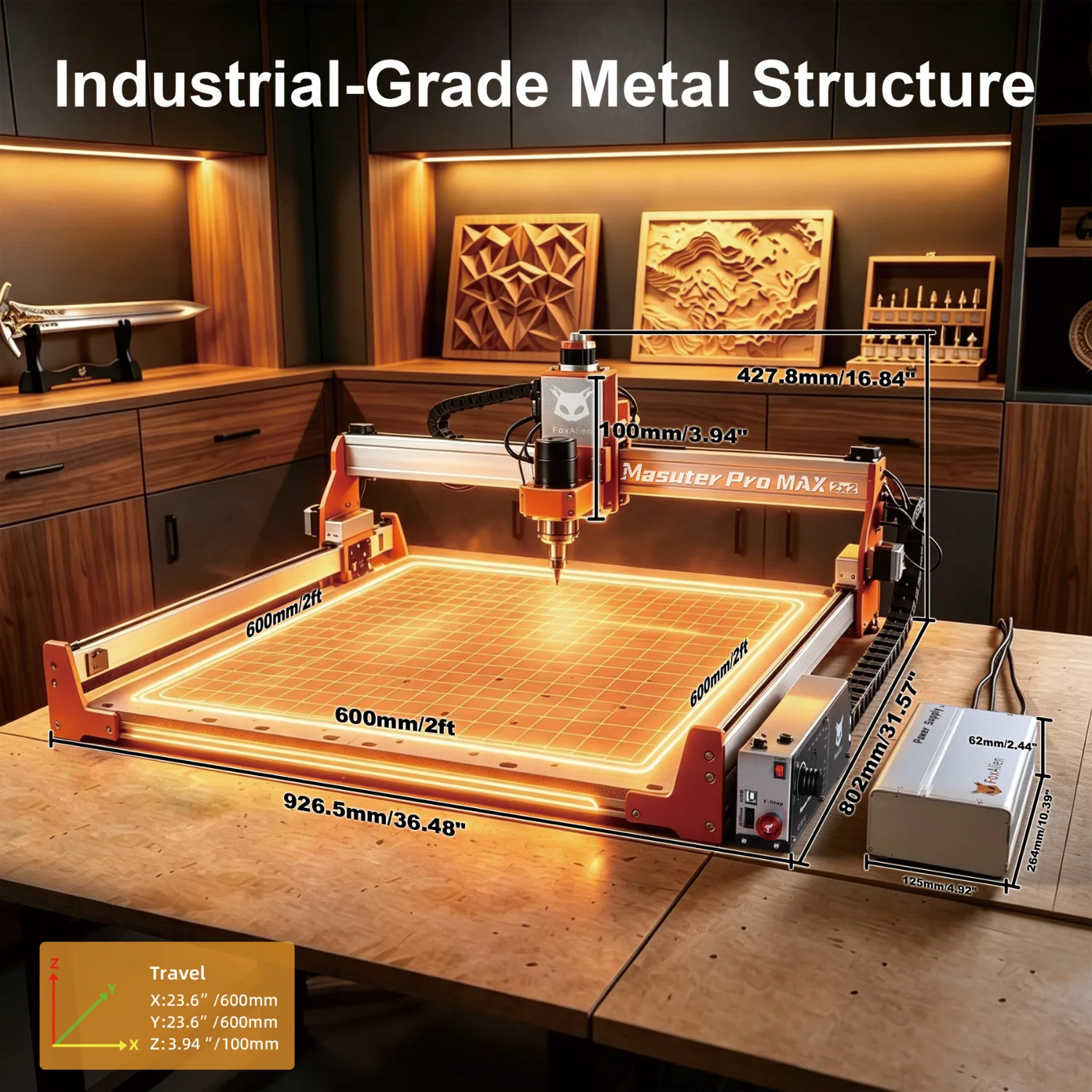 FoxAlien's graphic showing the machine's metal structure and its 600 mm travel dimensions