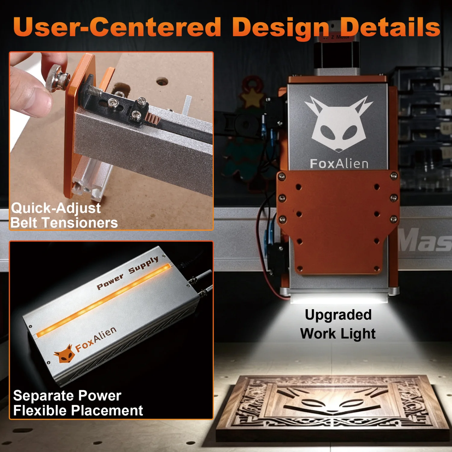 FoxAlien's graphic showing belt tensioners, a separate power supply, and an upgraded work light