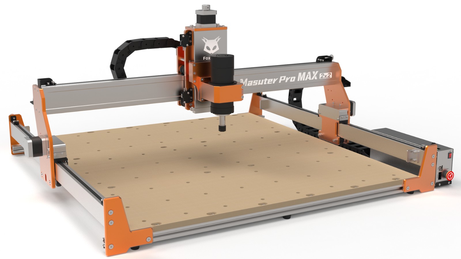 FoxAlien Masuter Pro Max 2×2 CNC router rendered on a white background, with orange end plates, a silver gantry, and a brushless spindle above a perforated MDF bed