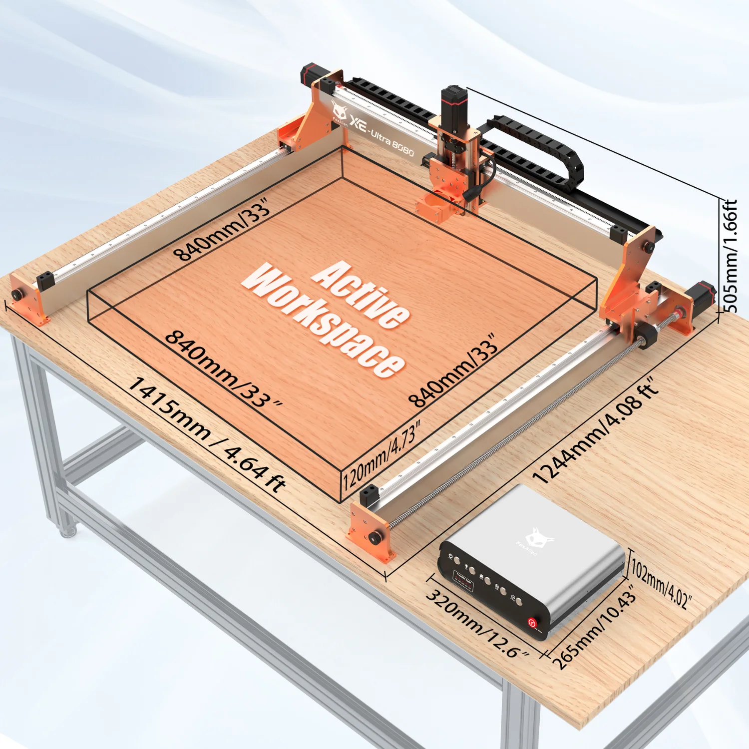 The XE-Ultra with its active workspace and footprint dimensions drawn on the table