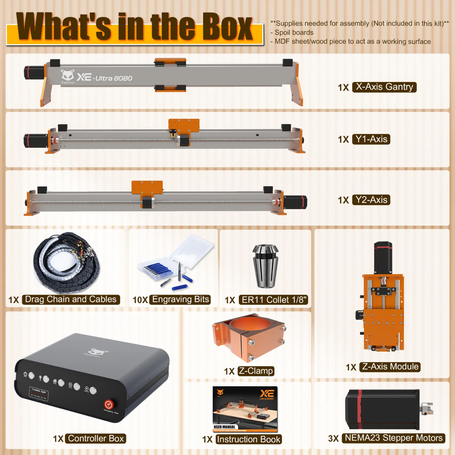 FoxAlien's box-contents graphic showing the gantry, rails, controller, Z-axis module, and accessories