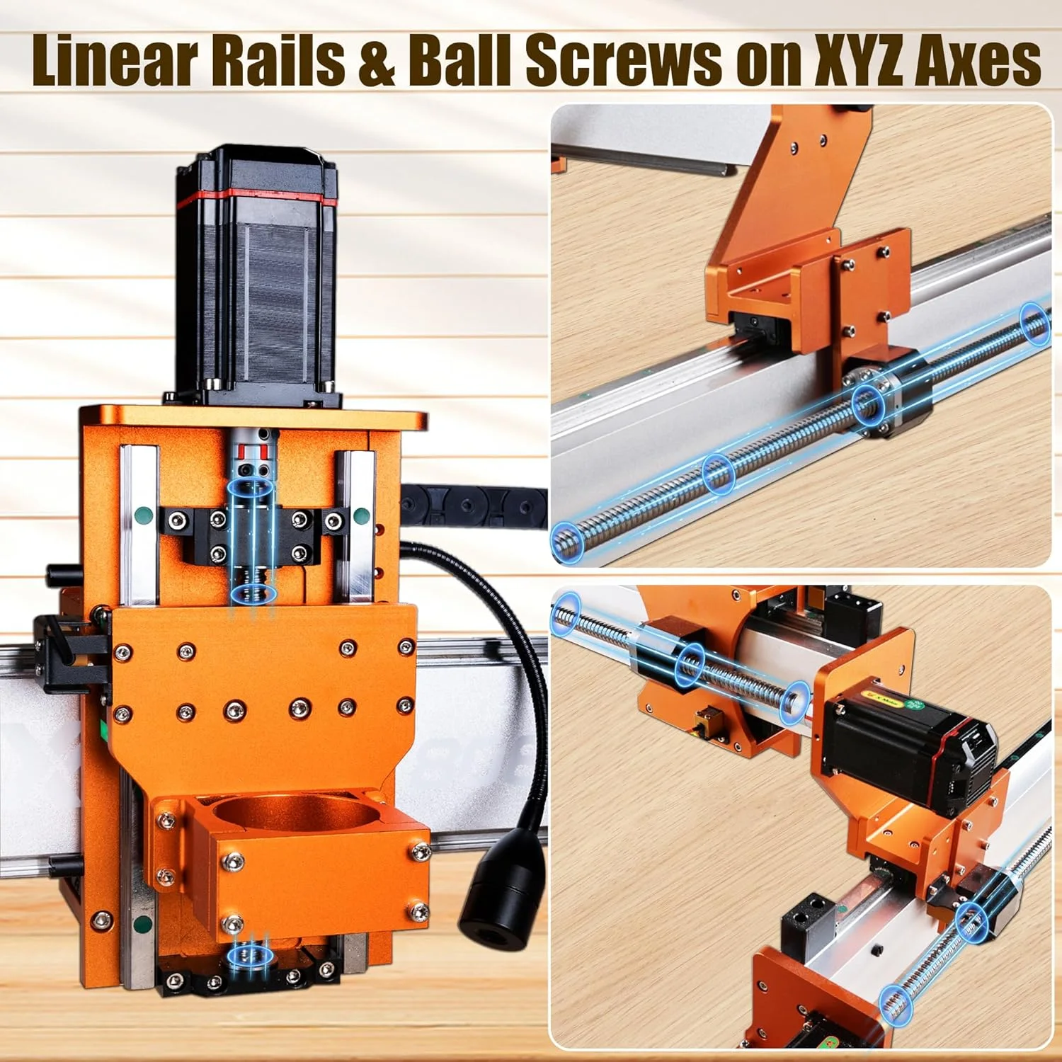 Close-up of the XE-Ultra's linear rails and ball screws on the X, Y, and Z axes