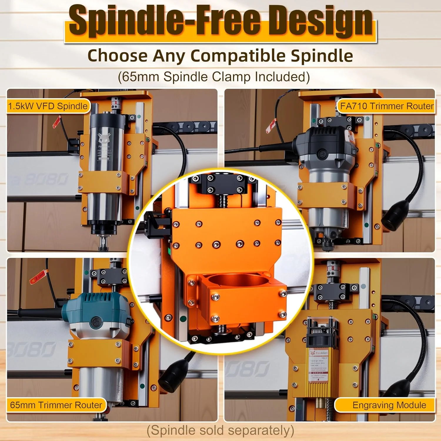 Graphic showing the XE-Ultra's Z axis fitted with a 1.5 kW spindle, a trim router, and an engraving module