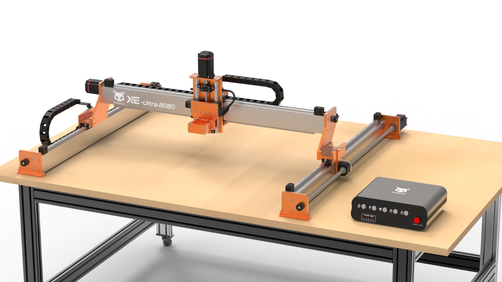 FoxAlien XE-Ultra 8080 CNC router with orange brackets and black drag chains mounted on a workbench, controller box sitting on the table beside it