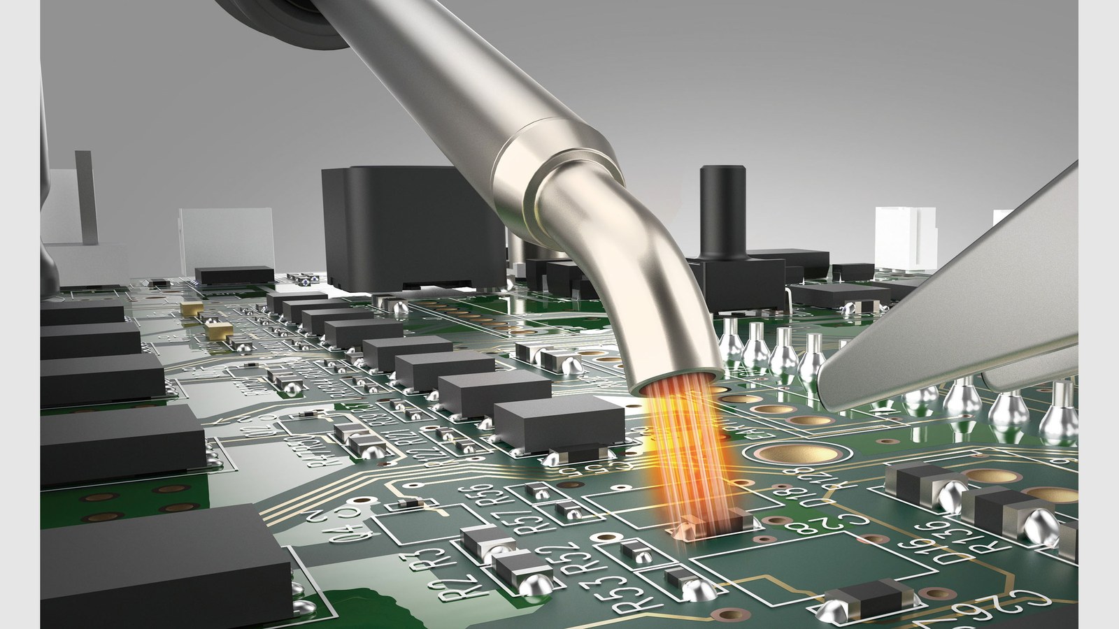 Hot air from a Hakko FR-850 nozzle heating a surface-mount part on a crowded circuit board