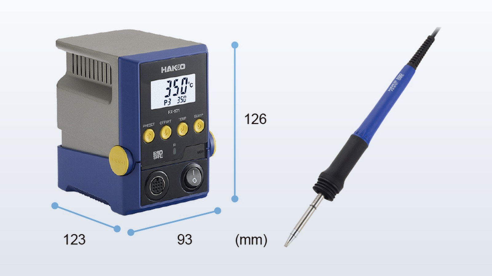 Hakko FX-971 soldering station beside its FX-9701 handpiece, with the station dimensions marked