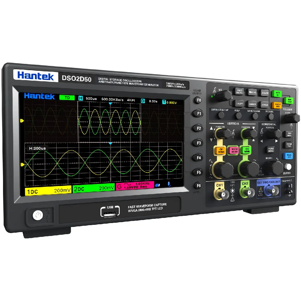 Hantek DSO2D50 oscilloscope from the front, showing two analog channel inputs