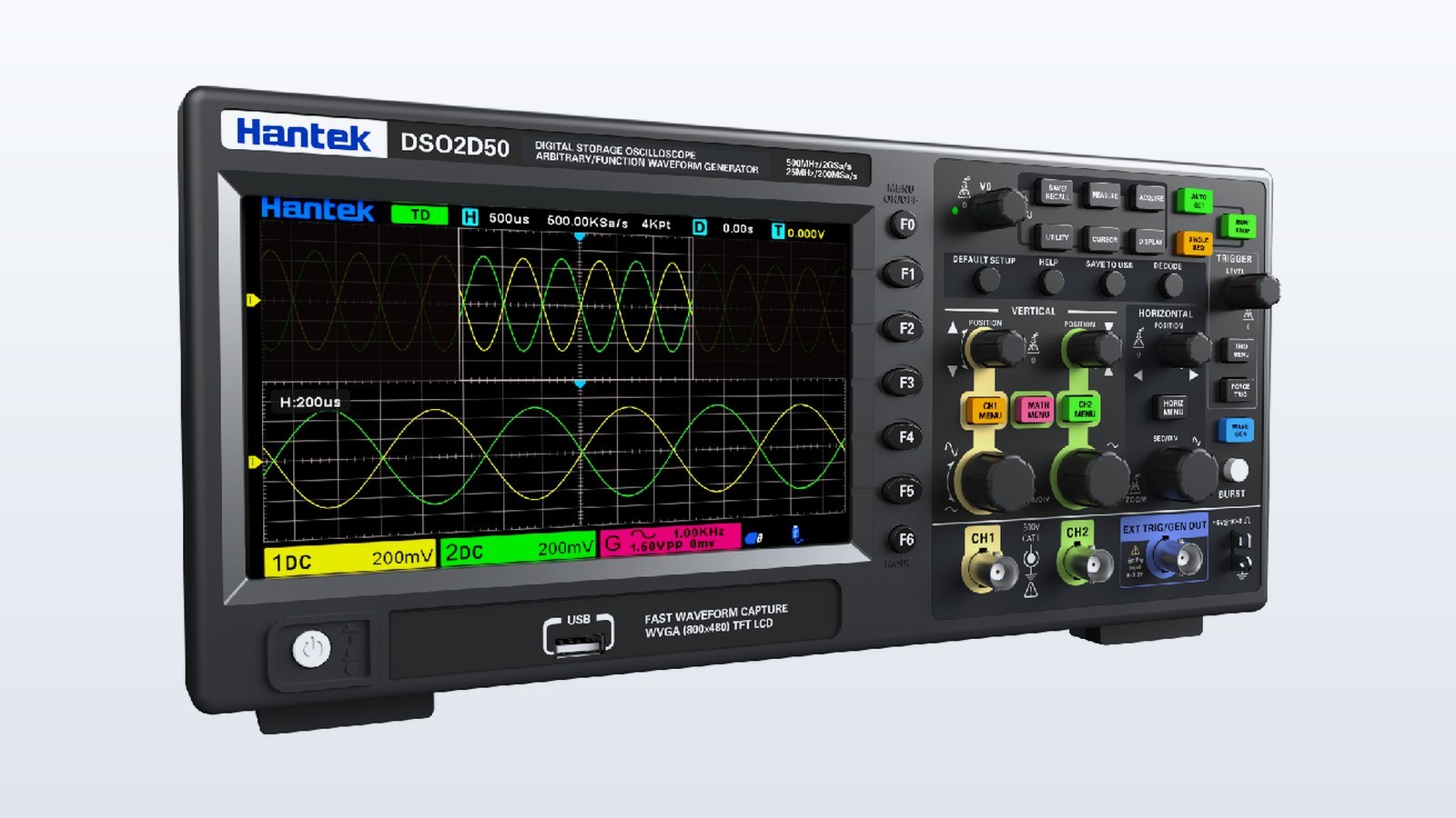 Hantek DSO2D20 series two-channel digital oscilloscope showing waveforms on its screen