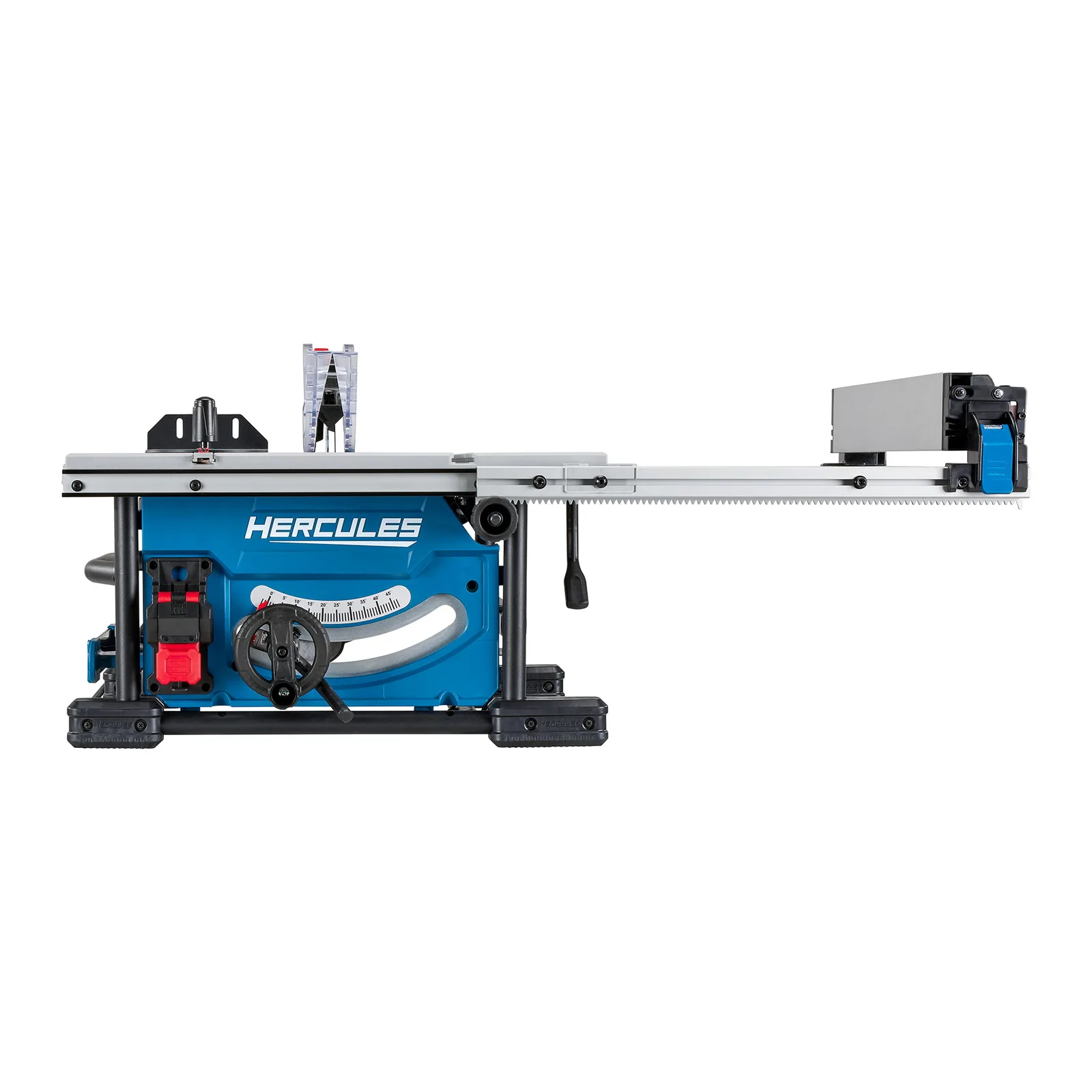 The saw with its fence extended on the rack