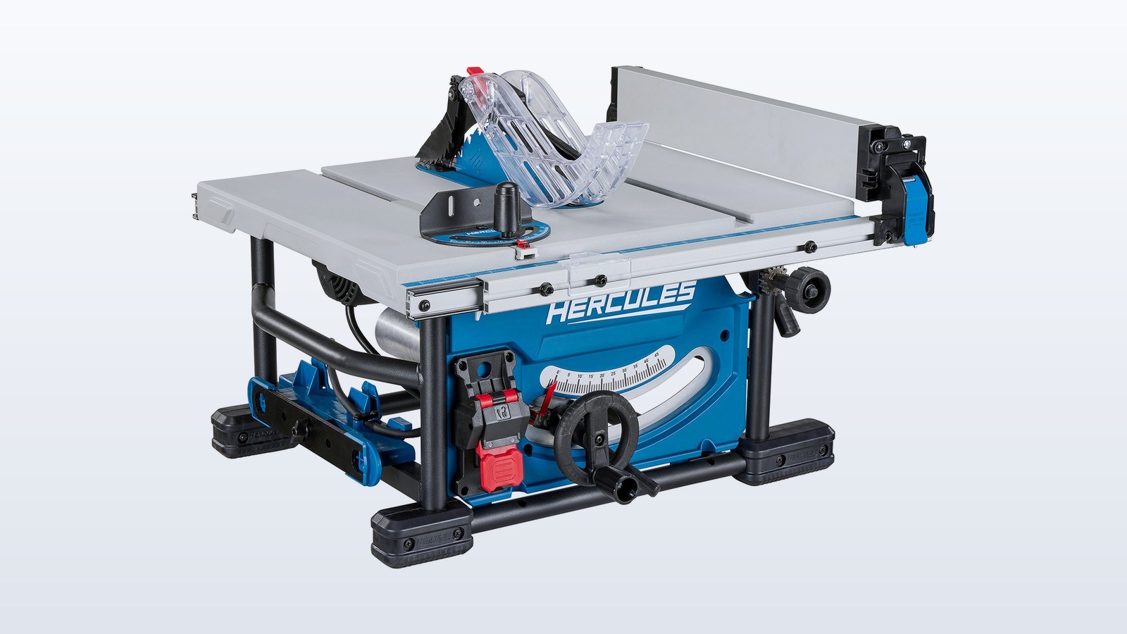 Blue HERCULES compact table saw with its rip fence extended to the side