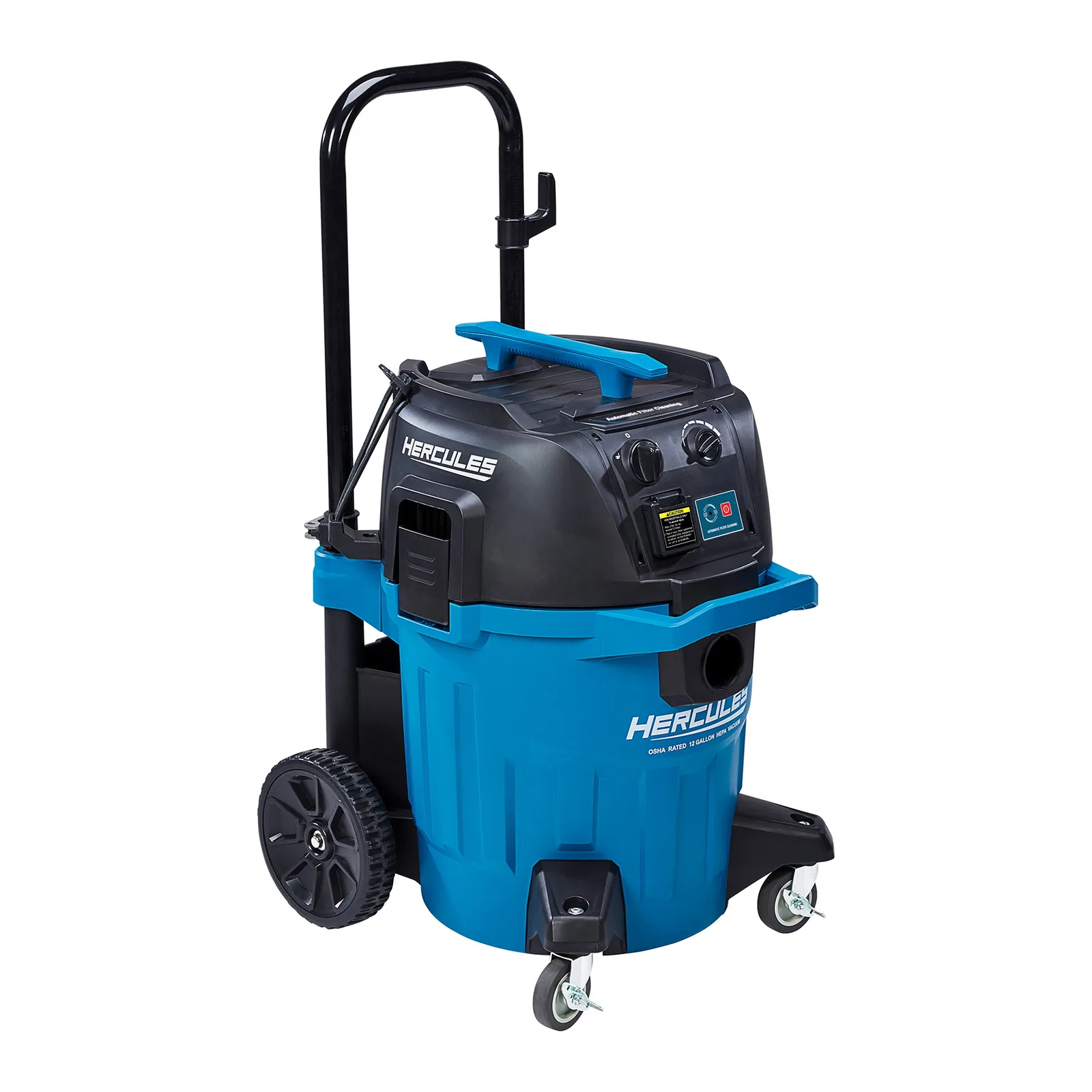 The HERCULES dust extractor on its wheels with the hose and handle shown