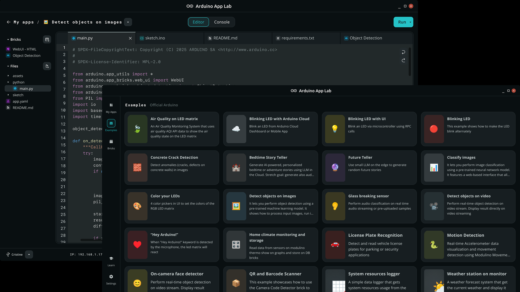 Arduino App Lab with the Examples window open over an App
