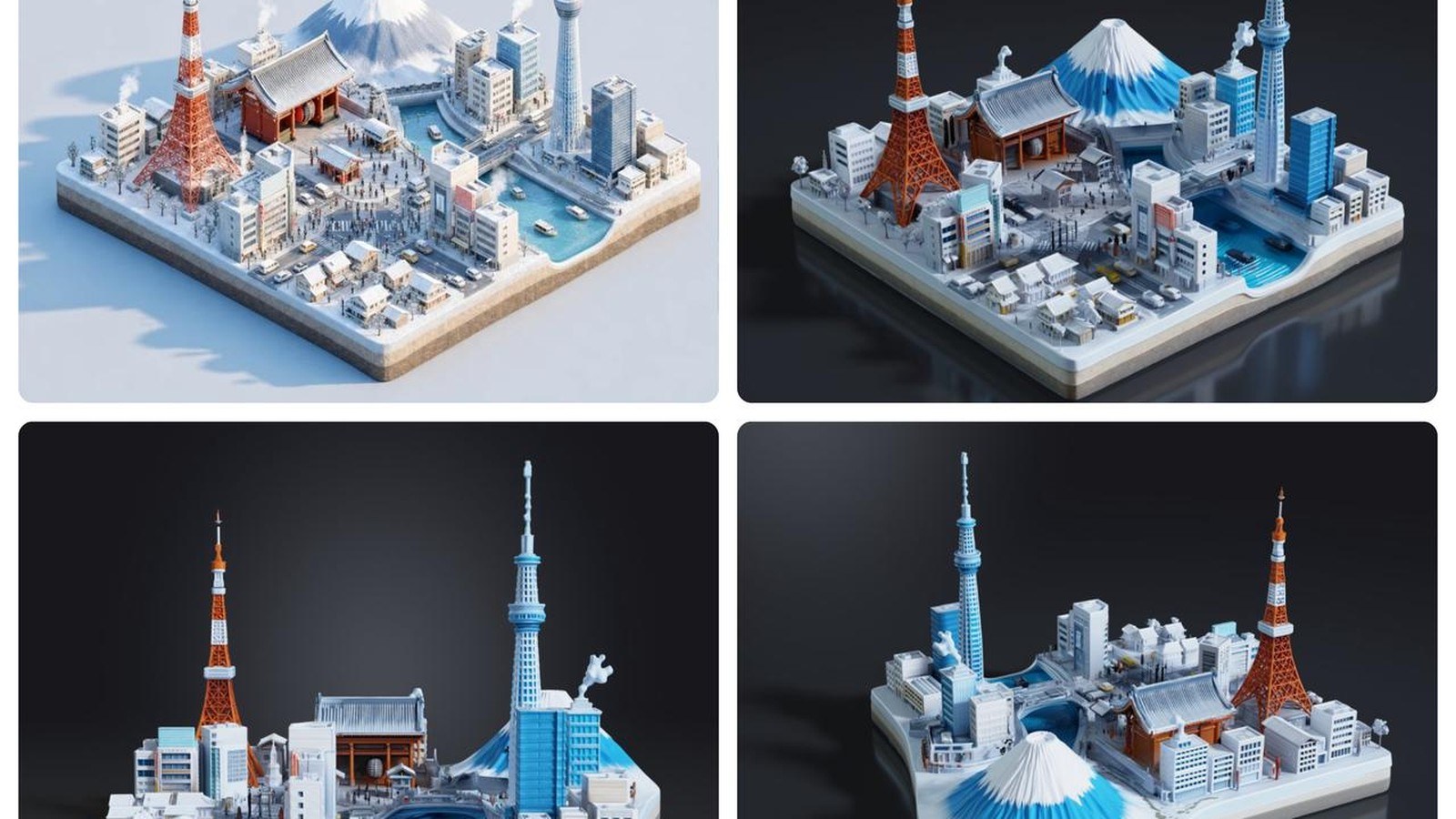 Four views of a miniature city model