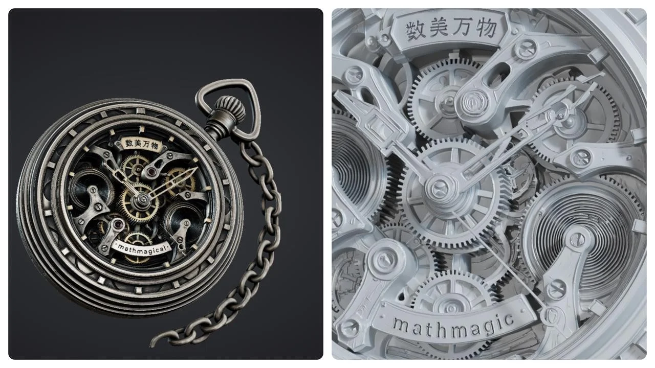 Shaded and gray renders of a mechanical pocket watch