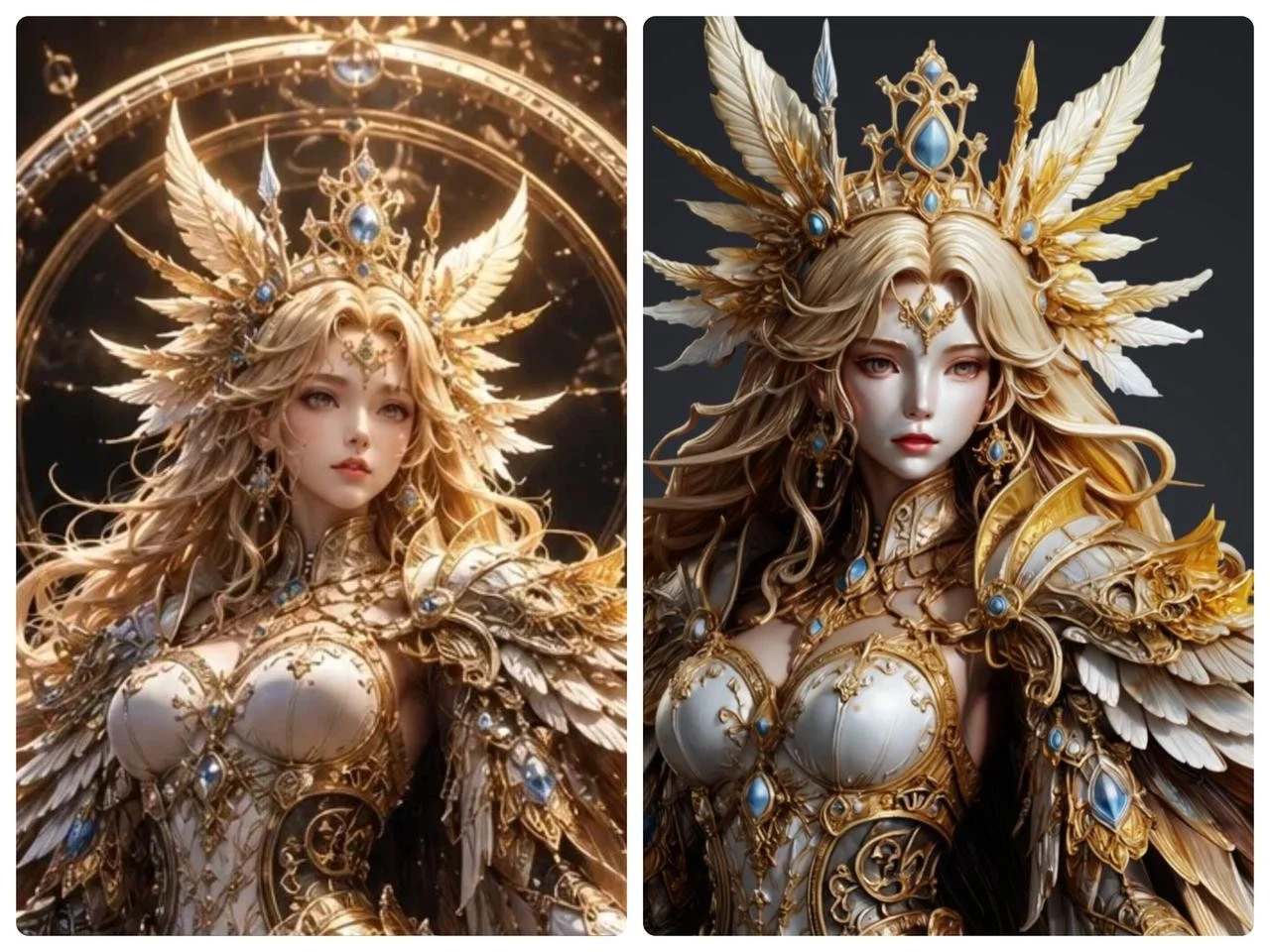 Two views of a feathered headdress and armor