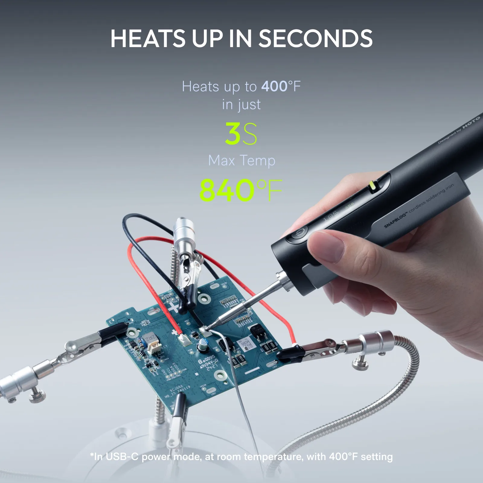 Hoto's graphic showing the I-A06 heating a board, with a 400°F in 3 seconds claim and an 840°F maximum