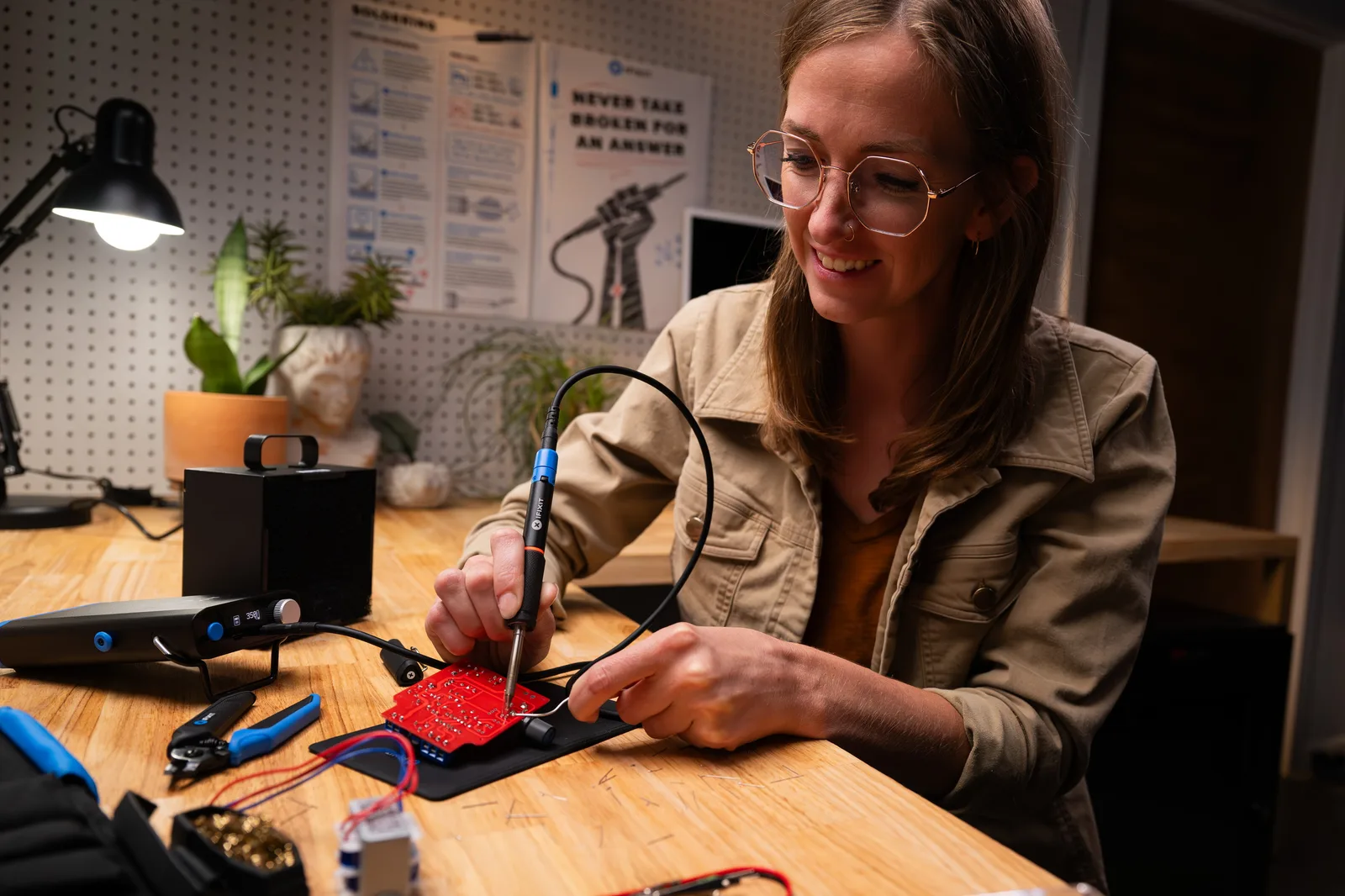 FixHub soldering iron and power station set up on a workbench
