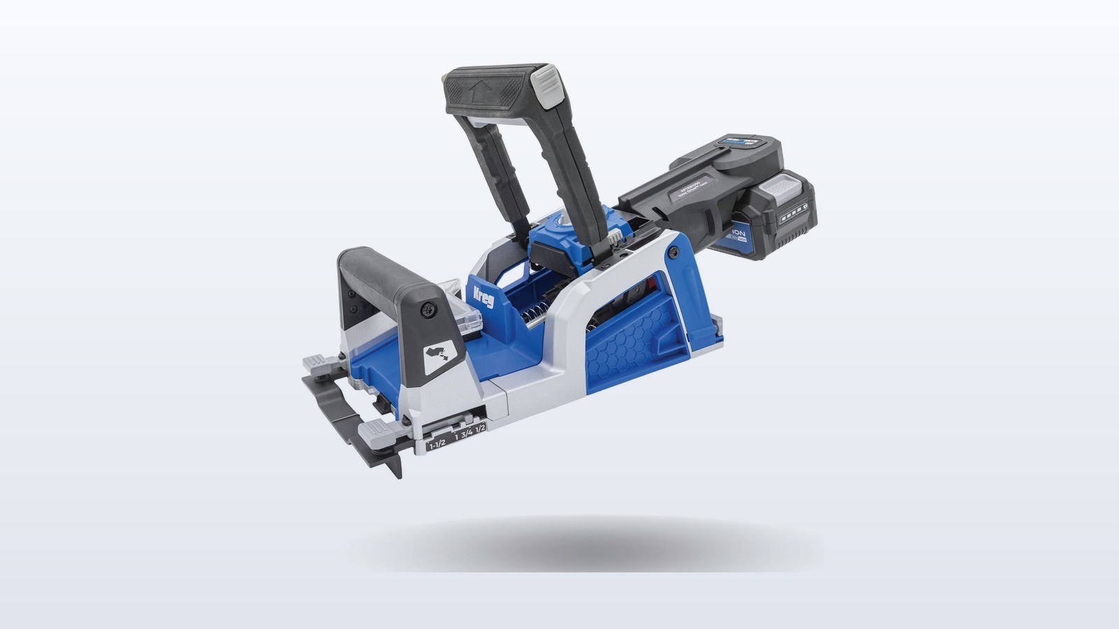 Kreg Rebel cordless pocket-hole joiner clamped to a board