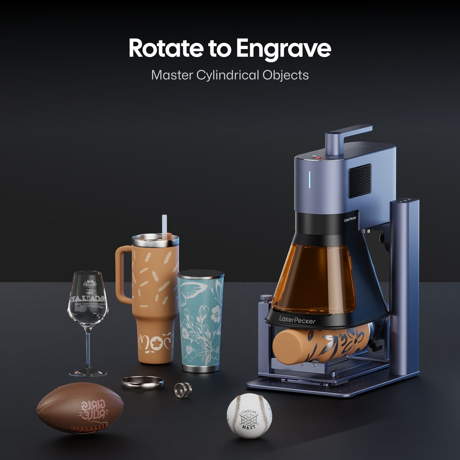 LaserPecker LP5 rotary attachment shown with tumblers, glassware, a ring, and sports equipment