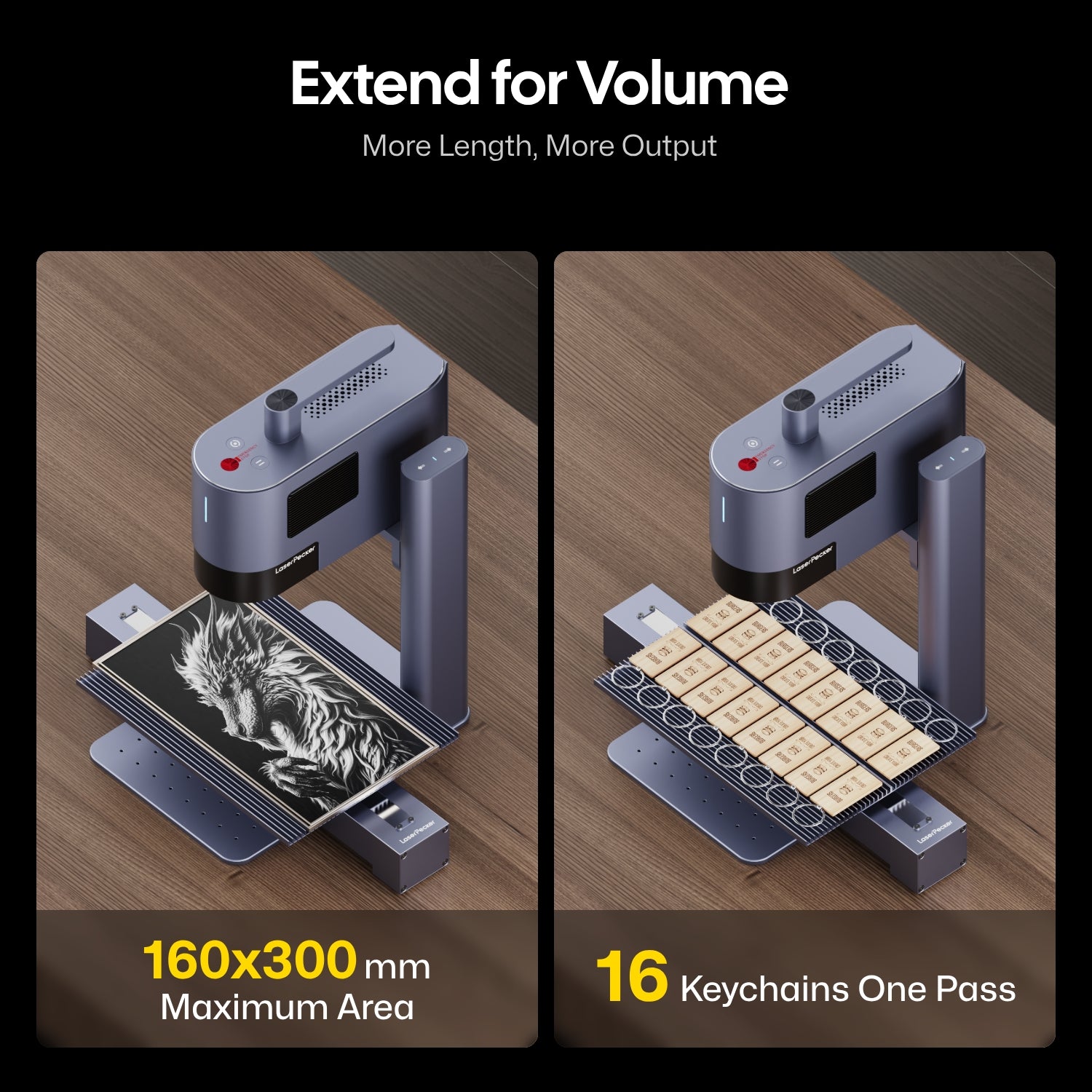LaserPecker LP5 slide extension shown with a large panel and a batch of keychains