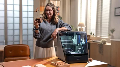 A woman standing beside a Z1 on a desk, holding a small machined piece