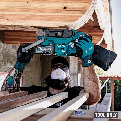 A woodworker holding the GSB01 overhead against a timber beam, marked "Tool Only"