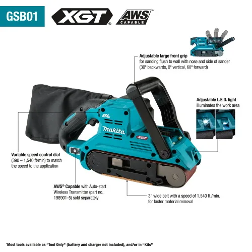 Makita's labeled feature graphic for the GSB01, showing the variable speed dial, grip, LED, and AWS transmitter